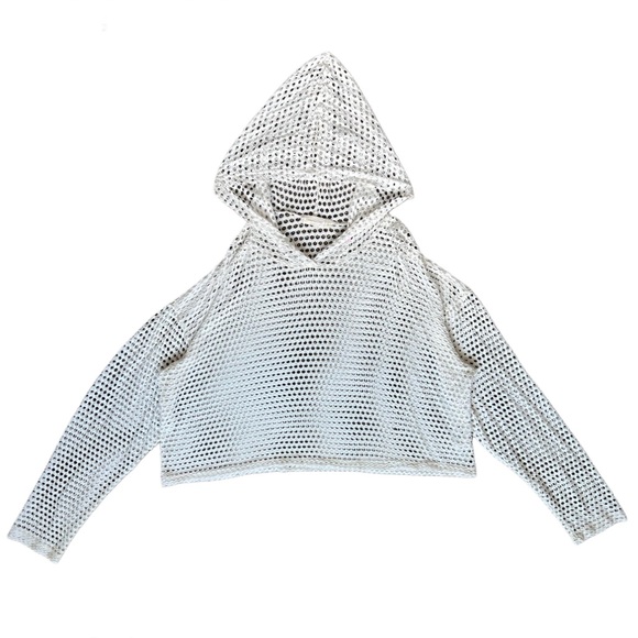 White Boxy Crop Mesh Hoodie - Picture 1 of 4
